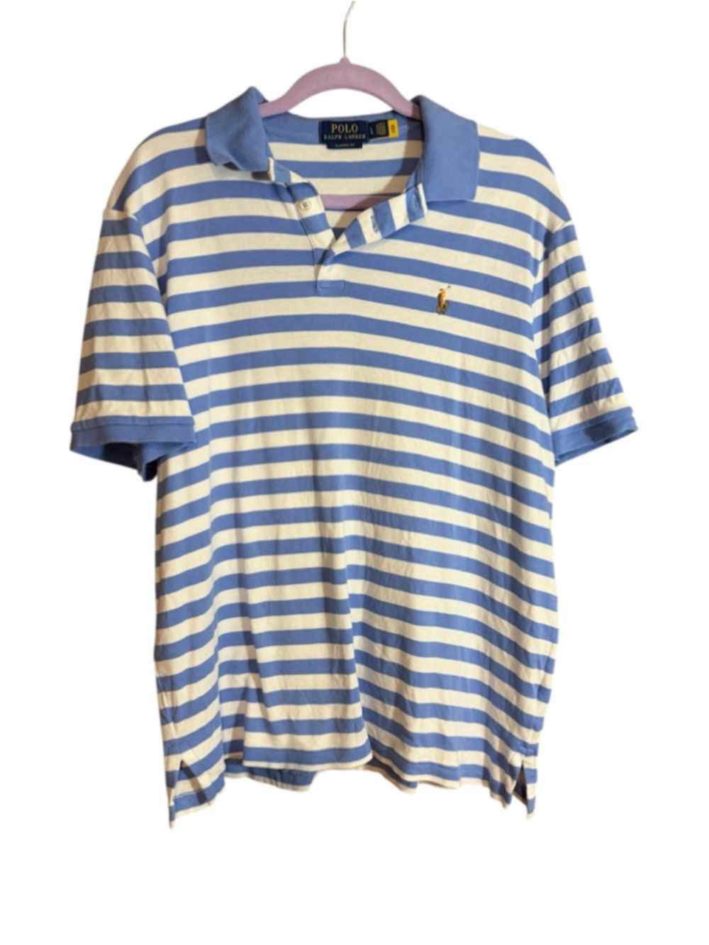 Polo Ralph Lauren mens blue and white striped short sleeve cotton polo size L